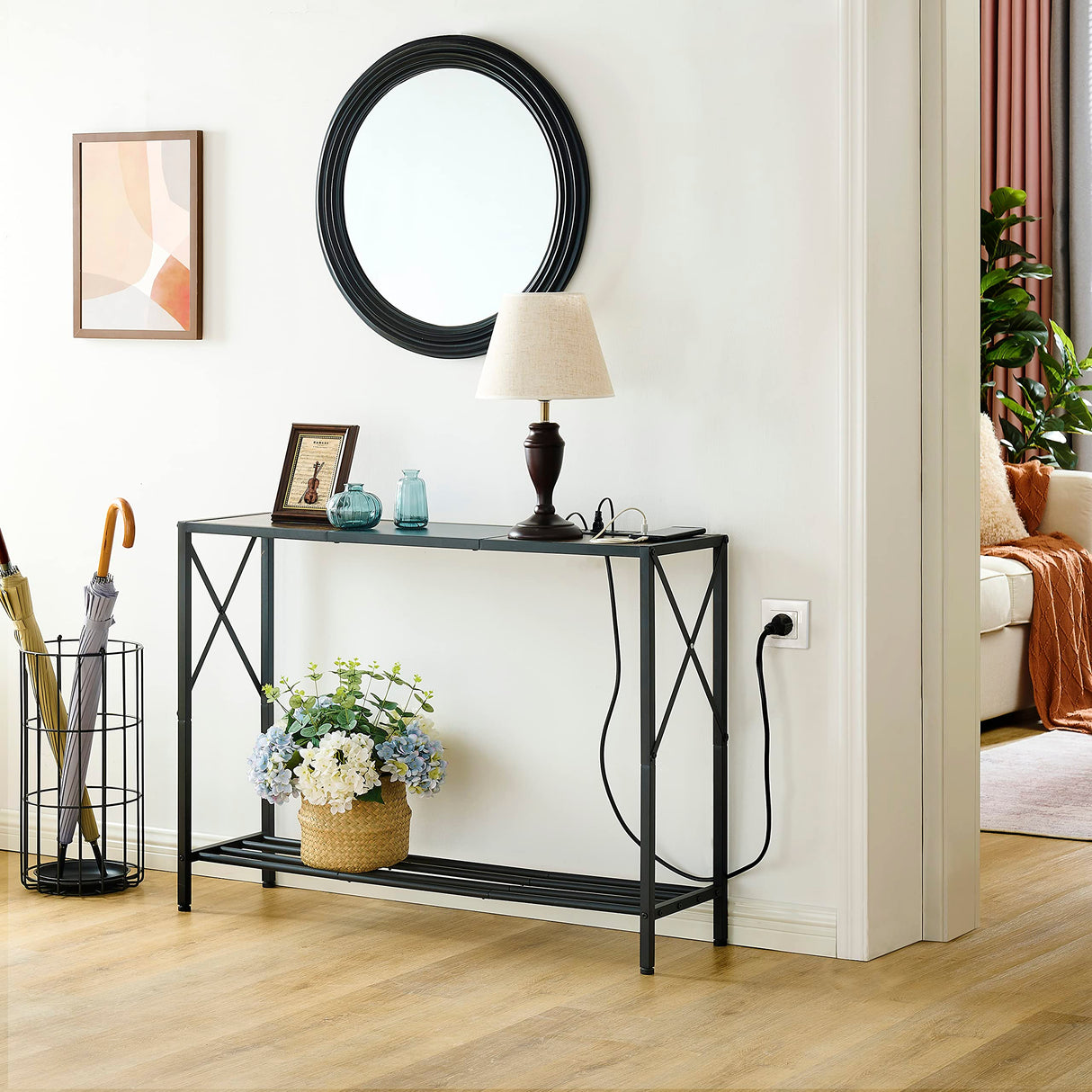 Tajsoon Console Table with Charging Station, 41.8" Entryway Table with Shelves, 2-Tier Narrow Sofa Table, Long Behind Couch Table, for Entryway, Foyer, Living Room, Hallway, Brown & Black Tajsoon