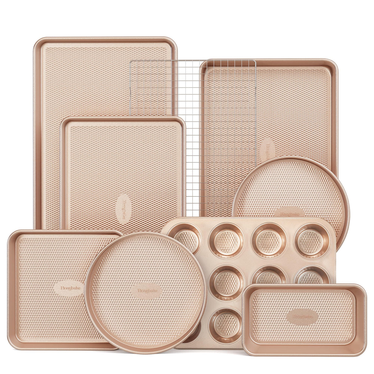 HONGBAKE 9-Piece Baking Pans Set Nonstick, Stackable Non Toxic Bakeware Sets with Diamond Texture, Oven Pan Set for Cooking, Includes Cookie Sheet with Rack, Cake Pan, Roasting Pan, Muffin Pan, Gold HONGBAKE