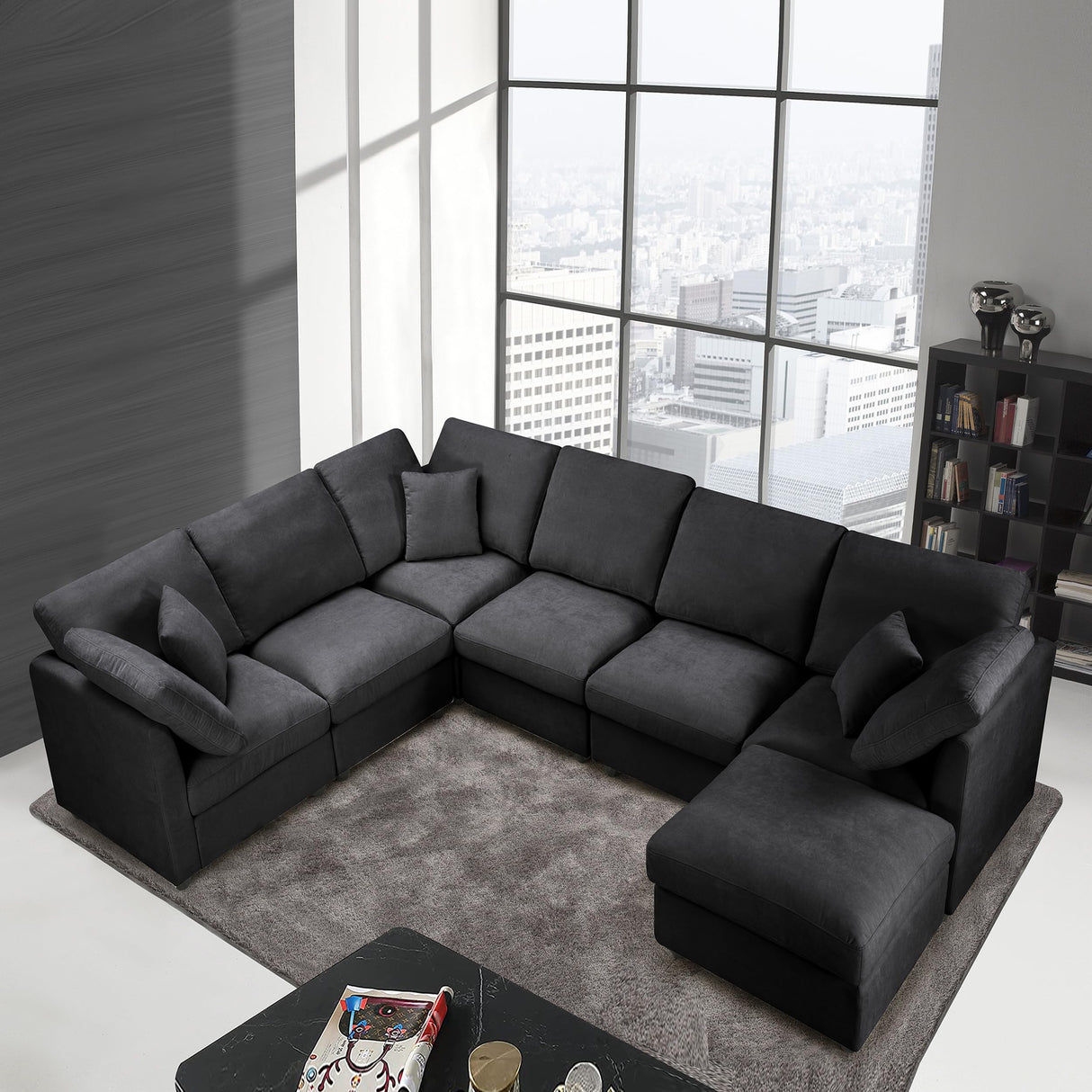 117" Modular Sectional Sofa,U-Shaped Chenille Sofa Couch with Movable Ottoman,Modern 7 Seat Cloud Sectional Couches for Living Room Office Home (Black, 117" U-7 Seater) Anwick