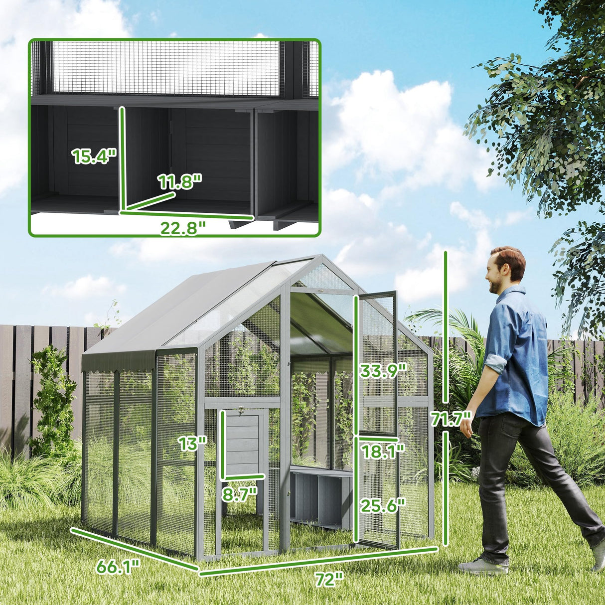 PawHut Large Chicken Run, Wooden Chicken Coop with Waterproof & Anti-UV Cover, Split Door, 2 Nesting Boxes, 2 Roosting Bars, Walk-in Chicken Pen for 6-8 Chickens, for Backyard, Farm, 5.5' x 6' x 6' PawHut