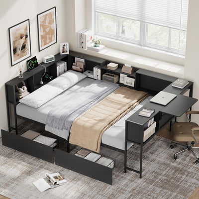 Corner Full Bed Frame with Storage Bookcase and Foldable Desktop, Black Full Size U-Shaped Metal Corner Bed Platform for Teenagers & Kids, Daybed with Charging Station & 2 Storage Drawers for Bedroom