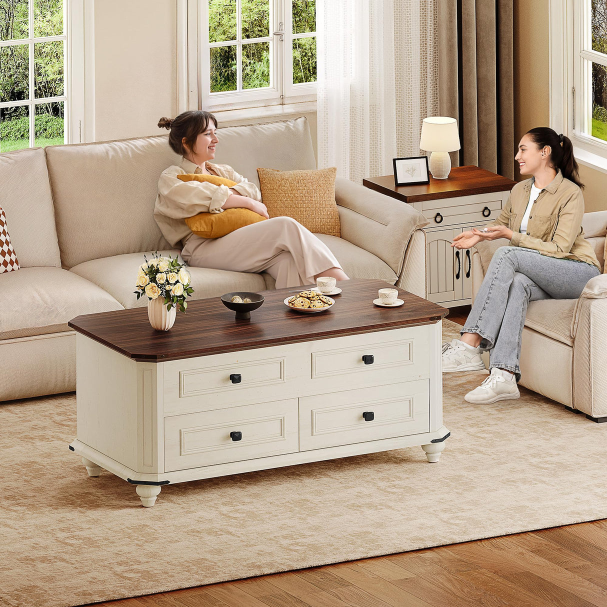 DWVO Lift Top Coffee Table with Storage, Farmhouse Wood Central Table w/Large Hidden Compartment, 2 Storage Drawers, Lift Tabletop Dining Table for Living Room, Reception Room, Rustic White DWVO