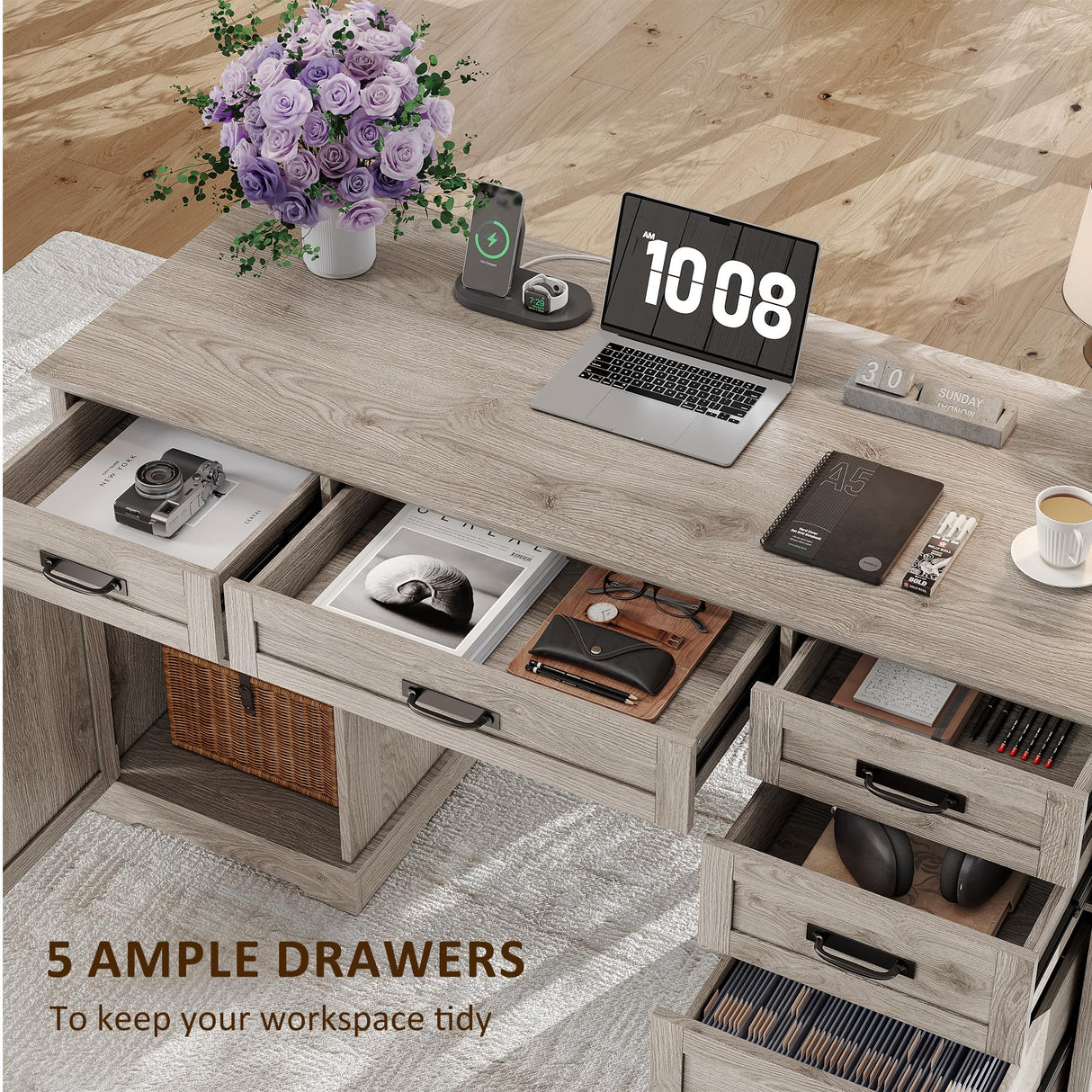 Whalefall 55'' Farmhouse Desk Home Office with Drawers, Executive Computer Desk Wooden with File Cabinet and Charging Station, White Wash Gray Whalefall