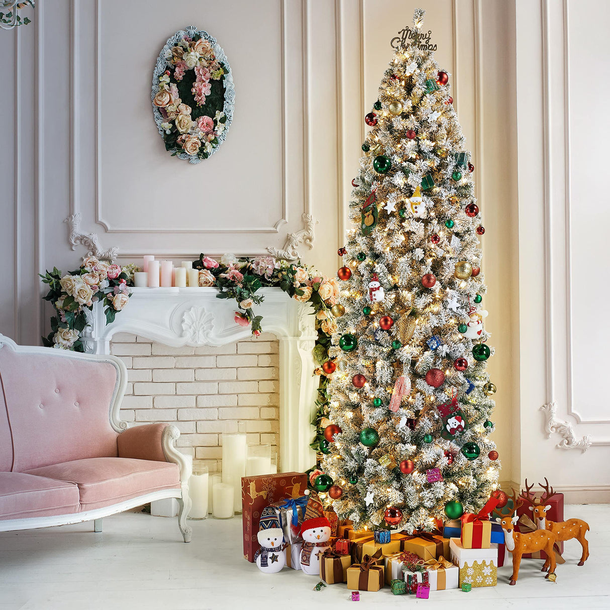 Yaheetech 7.5ft Pre-lit Snow Flocked Pencil Christmas Tree Kingswood Fir Hinged Slim Skinny Corner Xmas Tree with 350 Incandescent Warm White Lights & 1086 Snow Branch Tips, White Yaheetech