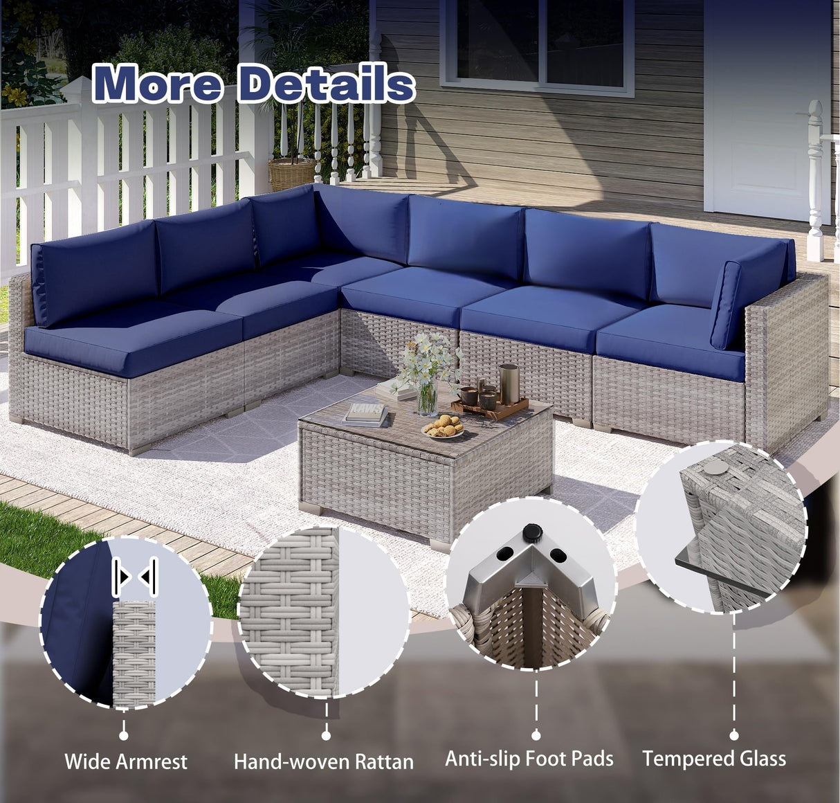 LOUVIXA 7 Piece Outdoor Patio Furniture Set, Outdoor Sectional Furniture, Rattan Chairs Glass Table Wicker Conversation Seating Sectional Sofa with Cushions (B-Grey White-Dark Blue, B-Straight Back) LOUVIXA