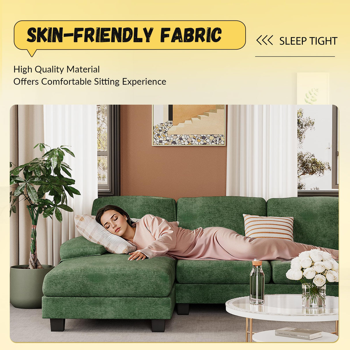 JUMMICO Sectional Couches for Living Room, U Shaped Couch with Chenille Fabric, 4 Seat Modern Sofa with Removable Pillows for Apartment and Small Space (Fabric, Green) JUMMICO