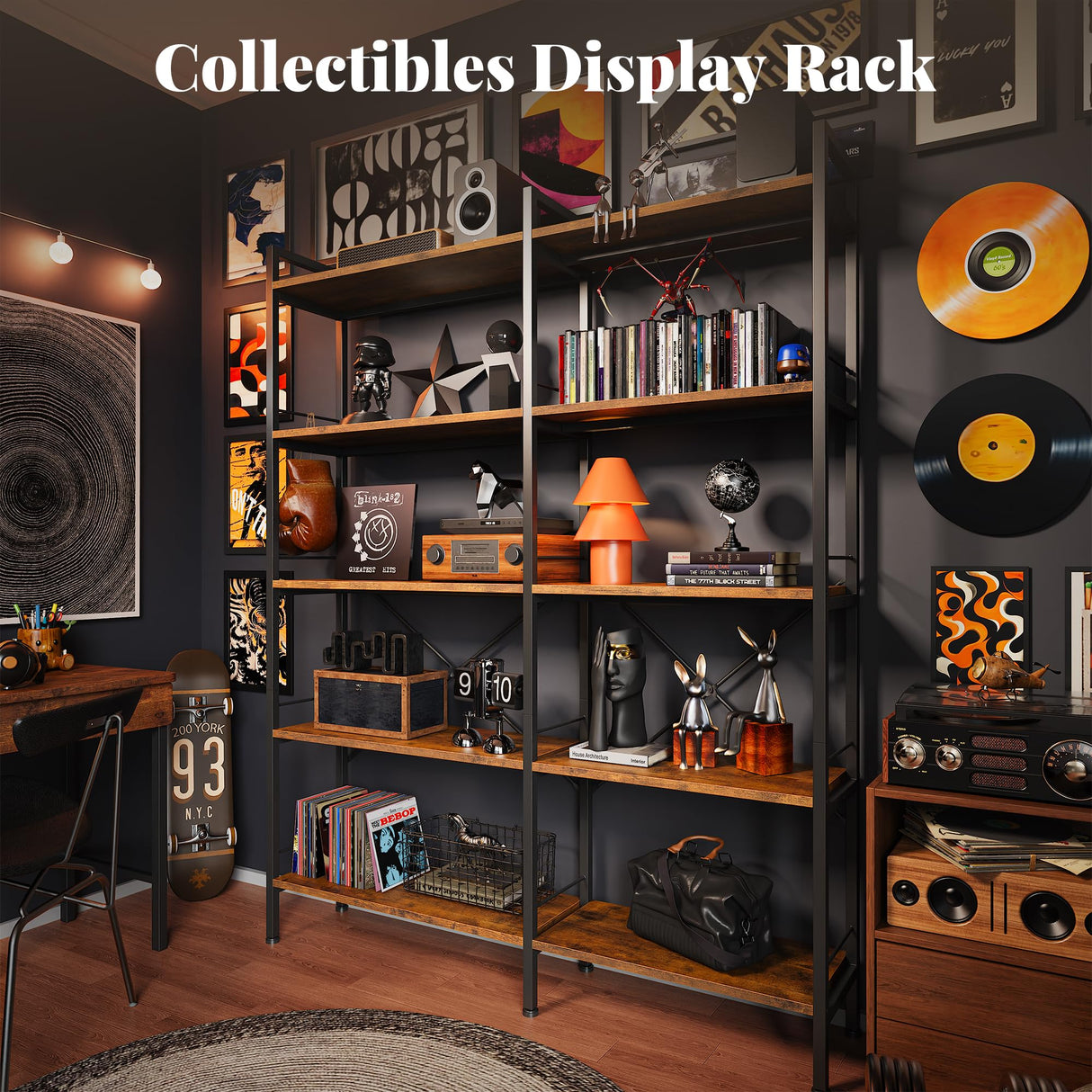 Huuger 5 Tier Bookshelf, L Shaped Corner Bookshelf with 10 Open Shelves, 49.4 Inch Straight Wide Bookcase with Metal Frame and Wooden Board, Adjustable Feet, Rustic Brown Huuger