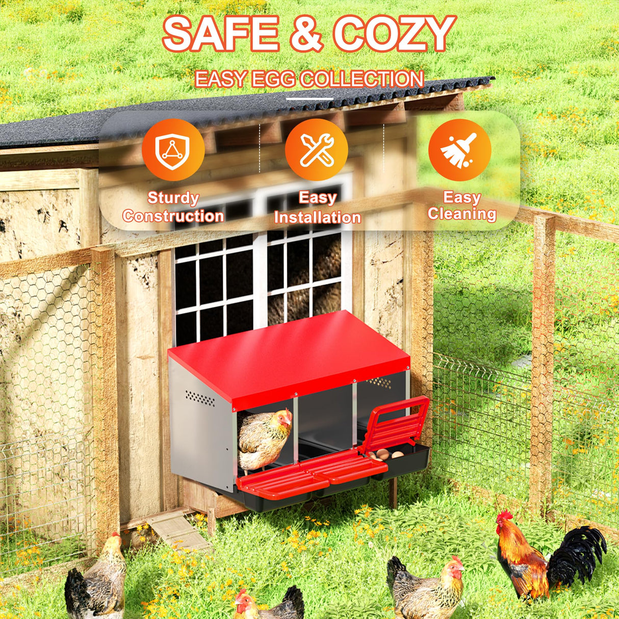 ZenxyHoC Chicken Nesting Boxes, 3 Hole Metal Chicken Egg Laying Box with Swing Perch and Rollout Egg Collection for Chicken Coop ZenxyHoC
