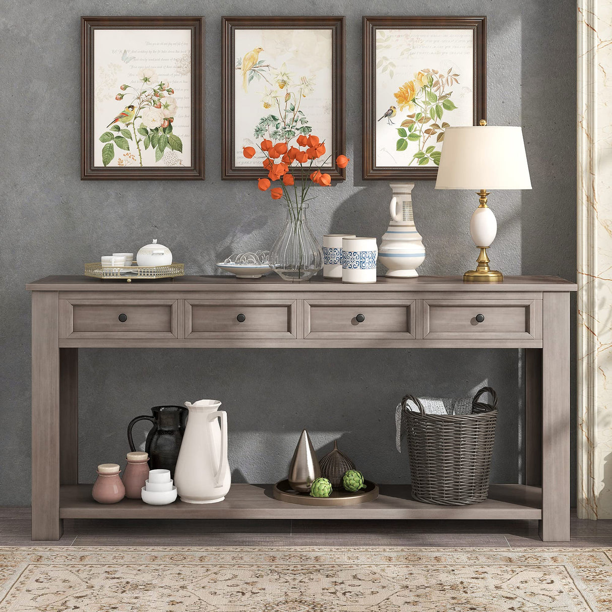 P PURLOVE Console Table for Entryway Hallway Sofa Table with Storage Drawers and Bottom Shelf (Gray Wash) P PURLOVE