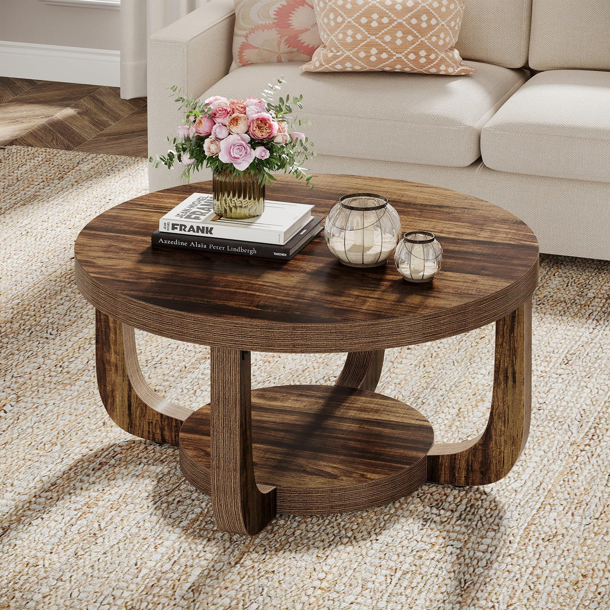 Tribesigns Round Coffee Table, 2-Tier Circle Coffee Table with Storage, Modern Wooden Accent Center Table for Living Room, Thick Tabletop & Base, Dark Brown Tribesigns