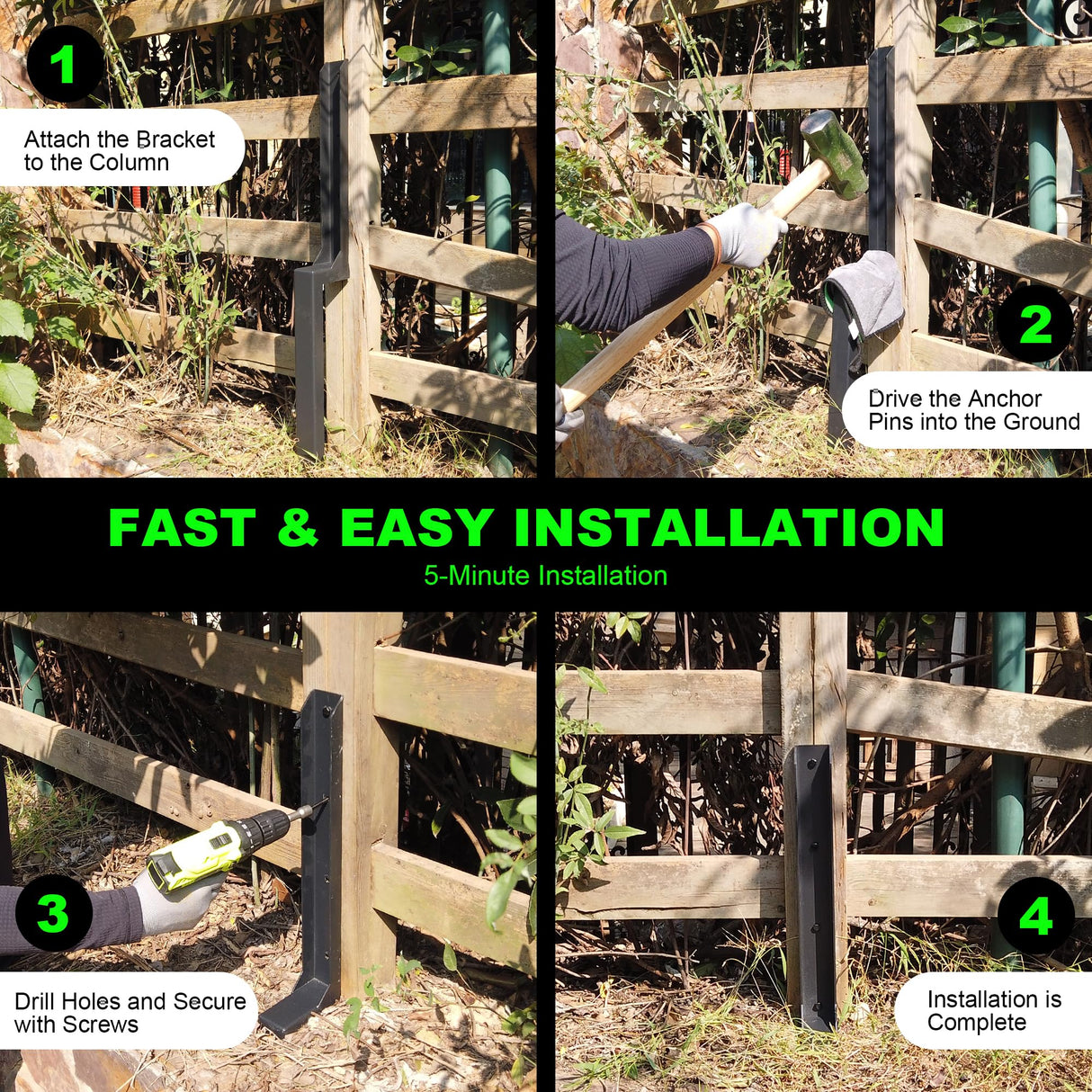 ARKSOLDIER Thickened Fence Post Anchor Kit, Metal Fence Post Repair Stakes Kit, Anchors Ground Spikes Mender for Repair Leaning 4x4/6x6 Wood Fence Post Support (Thicker 11-Gauge, 8 Pack/Black) arksoldier