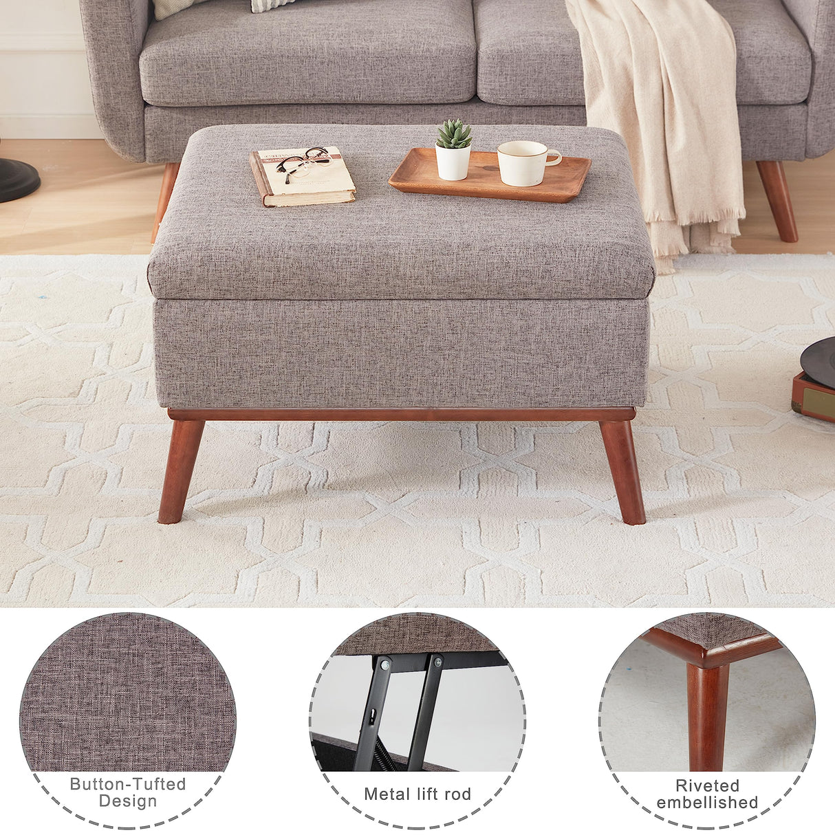 Tbfit Large Ottoman with Storage, 28.3“ Mid Century Modern Rectangle Coffee Table with Lid Lifting Function and High Wooden Legs, Oversized Storage Ottomans for Living Room, Office Room Tbfit