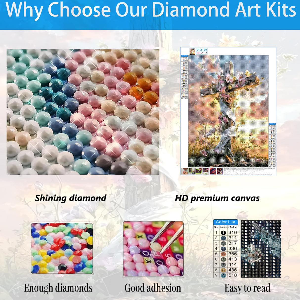 Cross Diamond Art Kits for Adults, Flowers Diamond Painting Kits for Beginners, 5D DIY Sunset Full Drill Round Diamond Painting Gem Art for Adults, Home Wall Decor 12 x 16 Inch Generic
