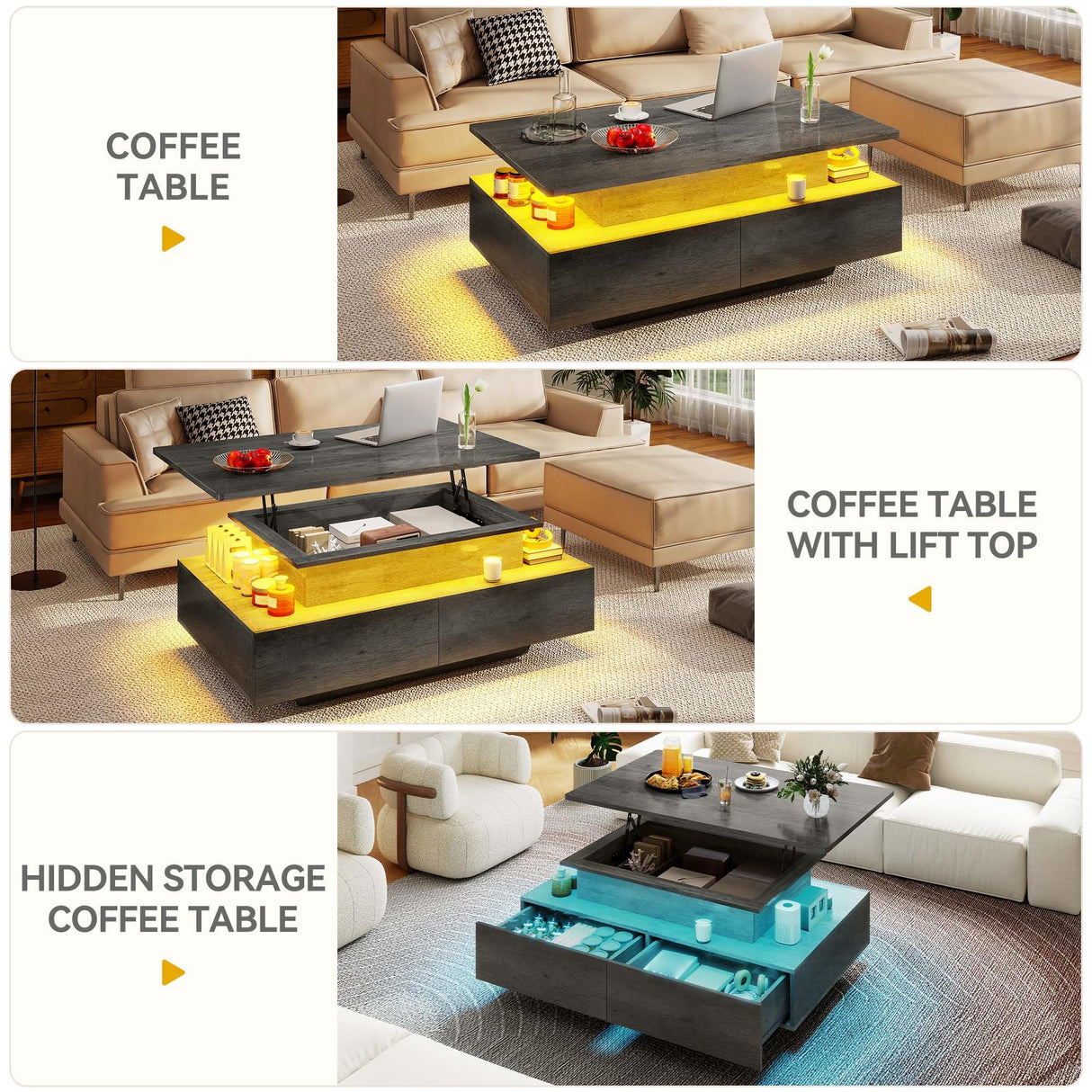 DWVO LED Lift Top Coffee Tables for Living Room, Rectangular Coffee Table with 4 Spacious Drawers, Modern Center Table with Lifting Top for Home Decor, Grey DWVO