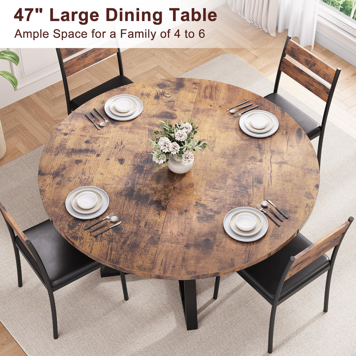 Round Dining Table for 4, Kitchen Table, Dining Table, Circle Table, Round Pedestal Dining Table, Dining Room Table, Dinner Table,Space Saving Wood Kitchen & Dining Room Tables, 47In, Rustic Brown Jocoevol