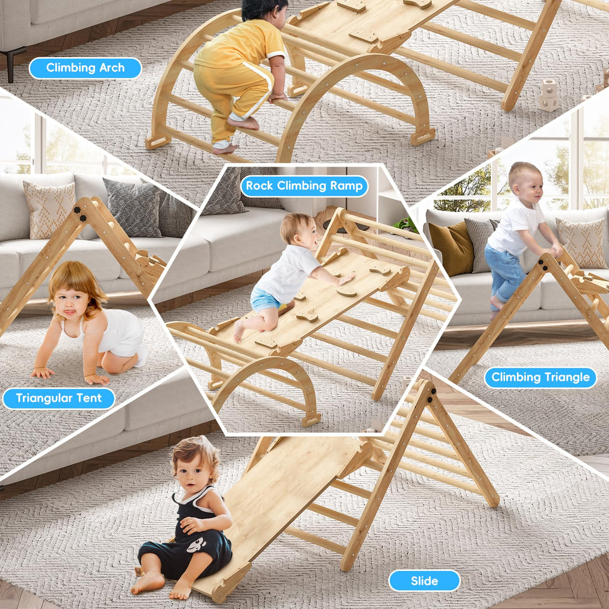 Pikler Triangle Set for Baby Climbing Toy Indoor Playground for Kid | Montessori Learning Toy with Arch, Ramp, and Climbing Triangle | Indoor Outdoor Playground Climbing Toys for Toddlers PLYFOU