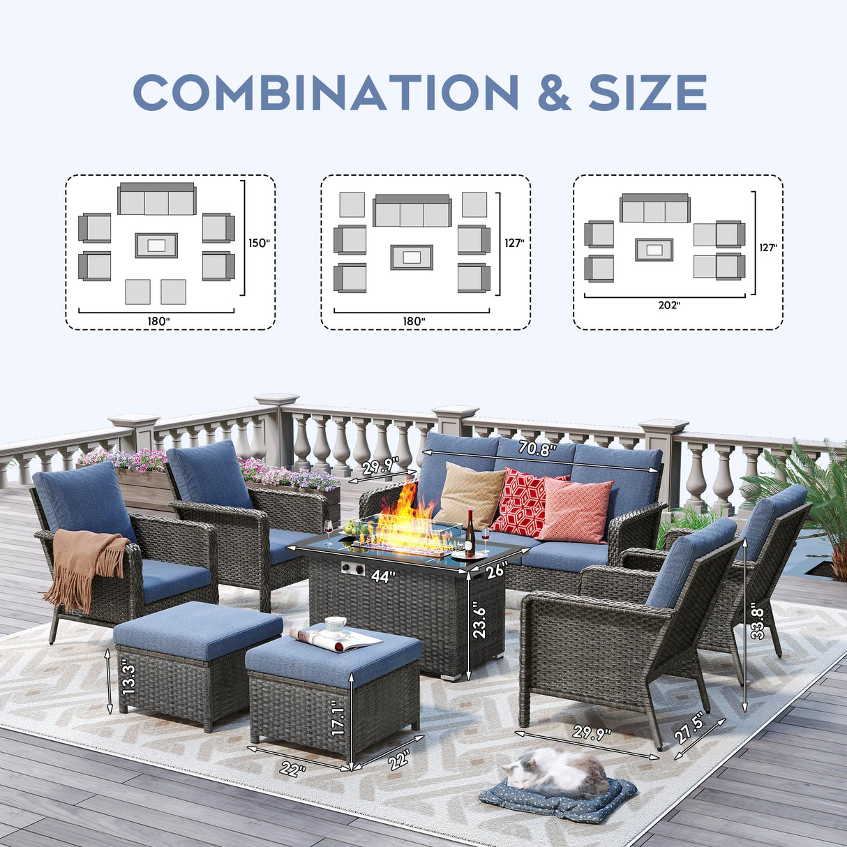 Brafab Outdoor Patio Furniture Set with 44" Gas Fire Pit Table - PE Wicker Patio Conversation Sets Cushioned Seat Couch - 9 Seats Outdoor Sectional Chair Sofa Set for Yard Garden Porch, Blue Brafab