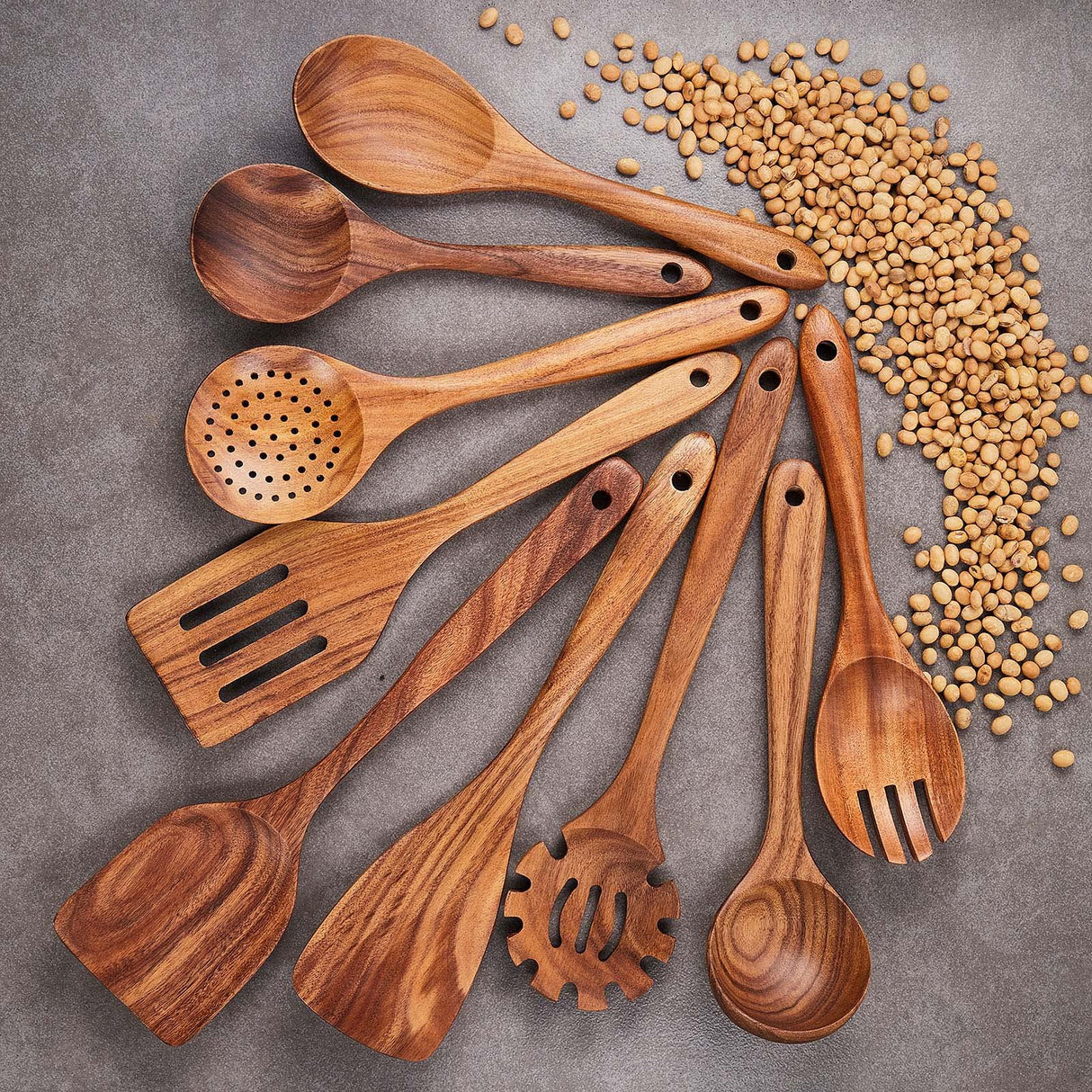 Wooden Kitchen Utensils Set,GUDAMAYE 9 PCE Natural Teak Wooden Spoons For Non-stick Pan for Cooking, Gudamaye