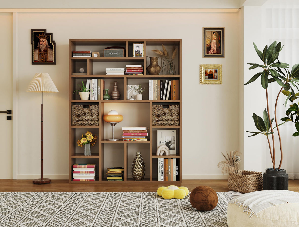 BOSHIRO 6-Tier Large Open Bookcase 71” Tall Sturdy Wooden Bookshelf with Baskets,Modern Style 16-Cube Home Display Shelf for Bedroom, Living Room(Oak Color) BOSHIRO
