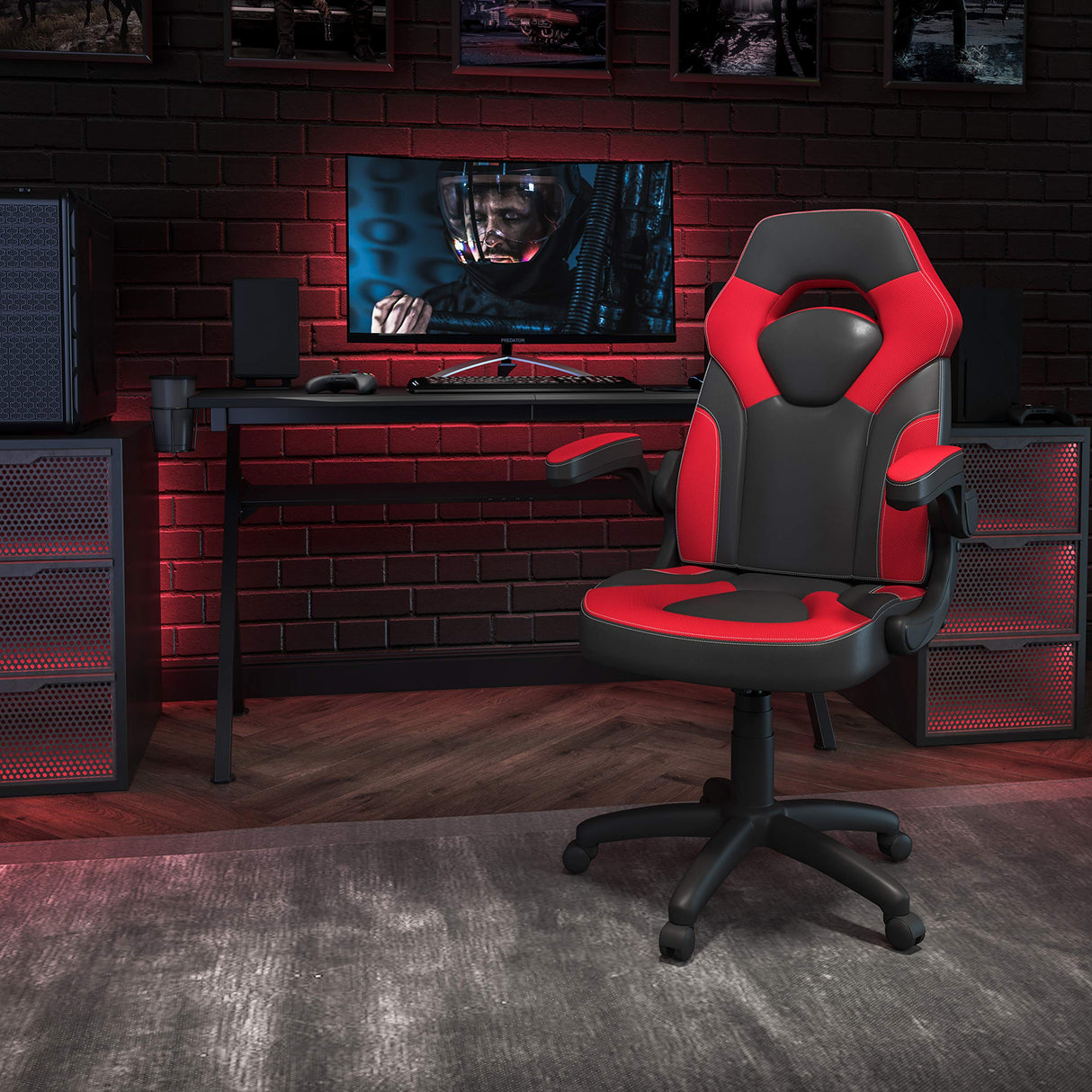 Flash Furniture X10 High-Back LeatherSoft Racing Style Gaming Chair with Flip-Up Arms, Ergonomic Padded Swivel Computer Chair, Red/Black Flash Furniture