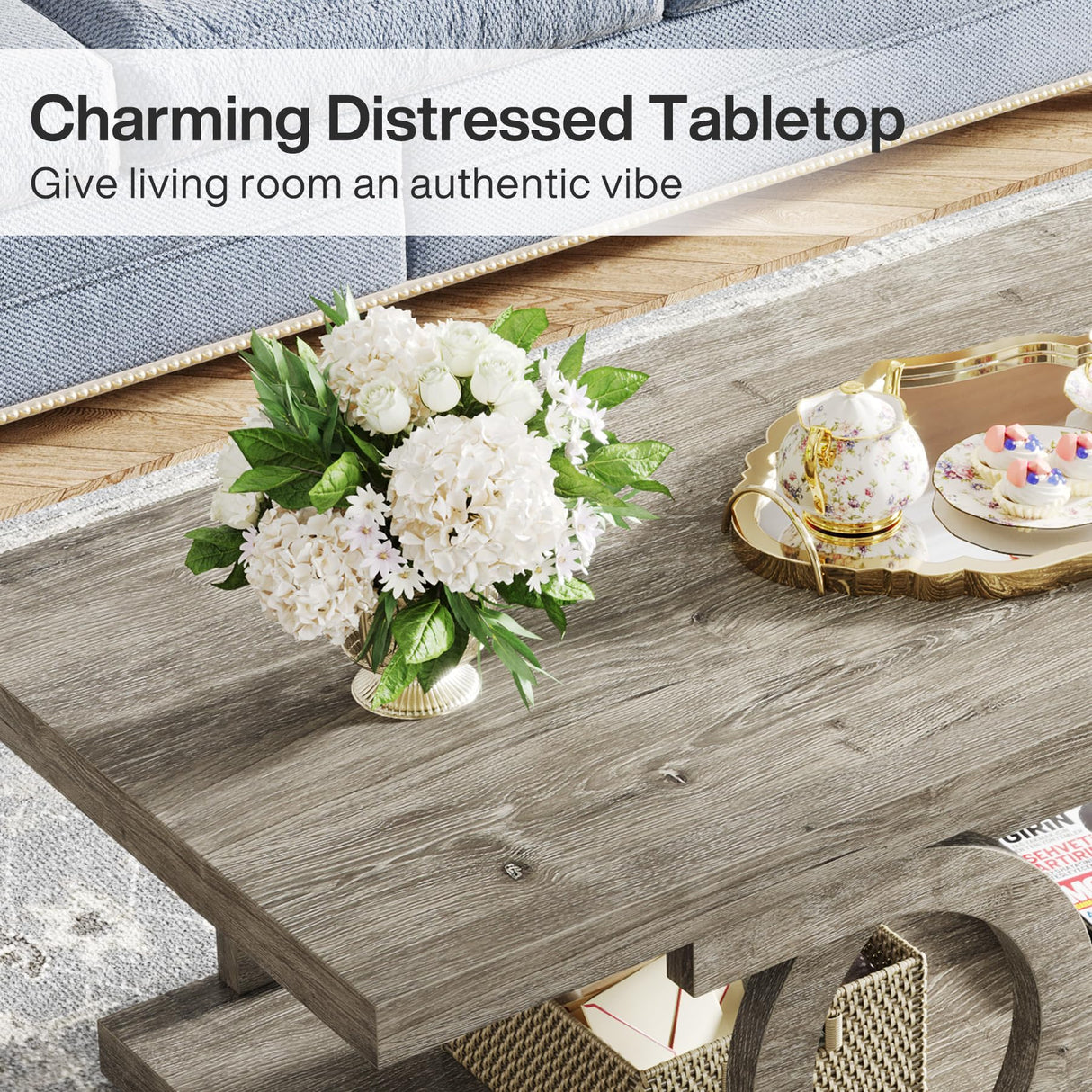 Tribesigns Farmhouse Coffee Table, 47 Inches Rustic Wood Coffee Table with Storage Shelf for Living Room, 2 Tier Large Rectangle Cocktail Table Center Tea Table Accent Table, Gray Tribesigns