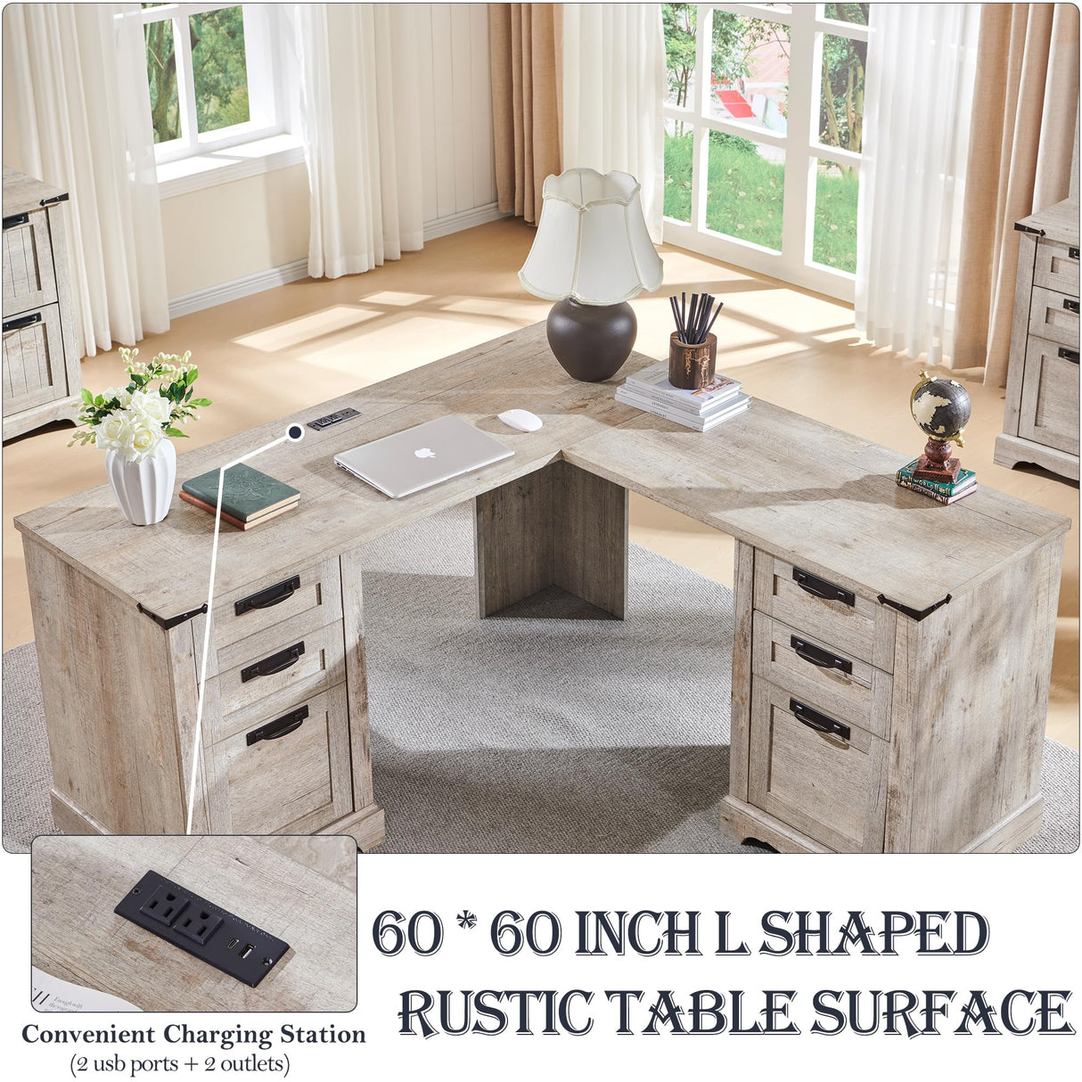 RedLemon 60" Farmhouse L Shaped Executive Desk with Drawers, Wood Home Office Corner Desk with Charging Station, File Drawer, Storage Cabinet, Rustic Computer Writing Desk (Light Rustic Oak) RedLemon