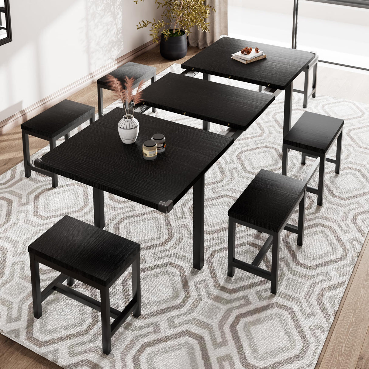 iPormis 7-Piece Dining Table Set with 6 Stools, 63" Extendable Kitchen Table Set for 4-8, Modern Dining Room Table with Sturdy Metal Frame, Space-Saving Dinette, Black iPormis
