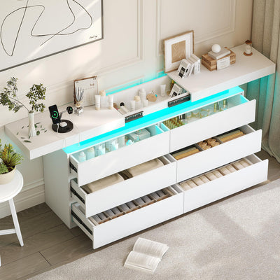White Dresser with LED Lights,6 Drawer Dresser for Bedroom Sliding Desktop and Power Outlet Modern Wood Chest of Drawers for Closet Organizer Cabinet for Bedroom, Living Room, Entryway, Hallway