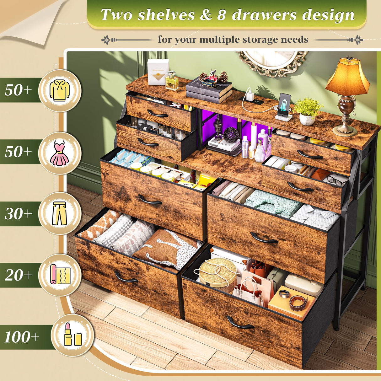 Romorgniz Dresser for Bedroom with Charging Station and LED, Sturdy Chest of Drawers with 8 Drawers and Two Open Shelves for Storage,Bedroom, Living Room,Hallway (Rustic Brown) Romorgniz