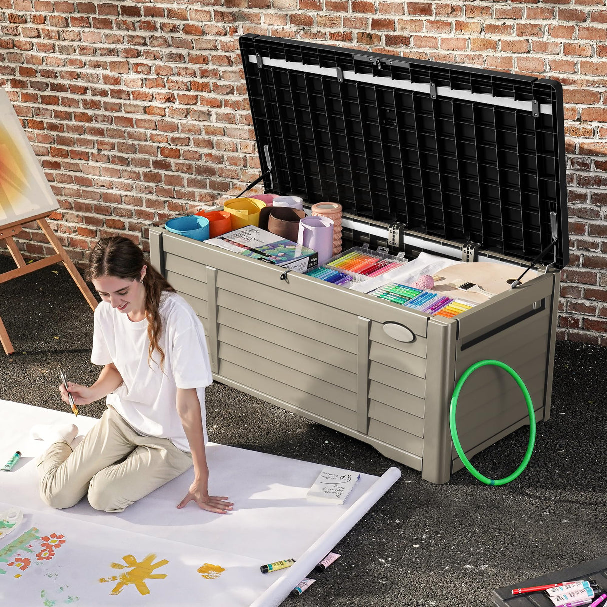 DWVO Large Deck Box 120 Gallon Waterproof Outdoor Storage Box, Extra Large Outdoor Storage Bin, Resin Louvered Patio Storage for Outdoor Pillows, Garden Tools & Pool Supplies, Lockable, Black&Brown DWVO