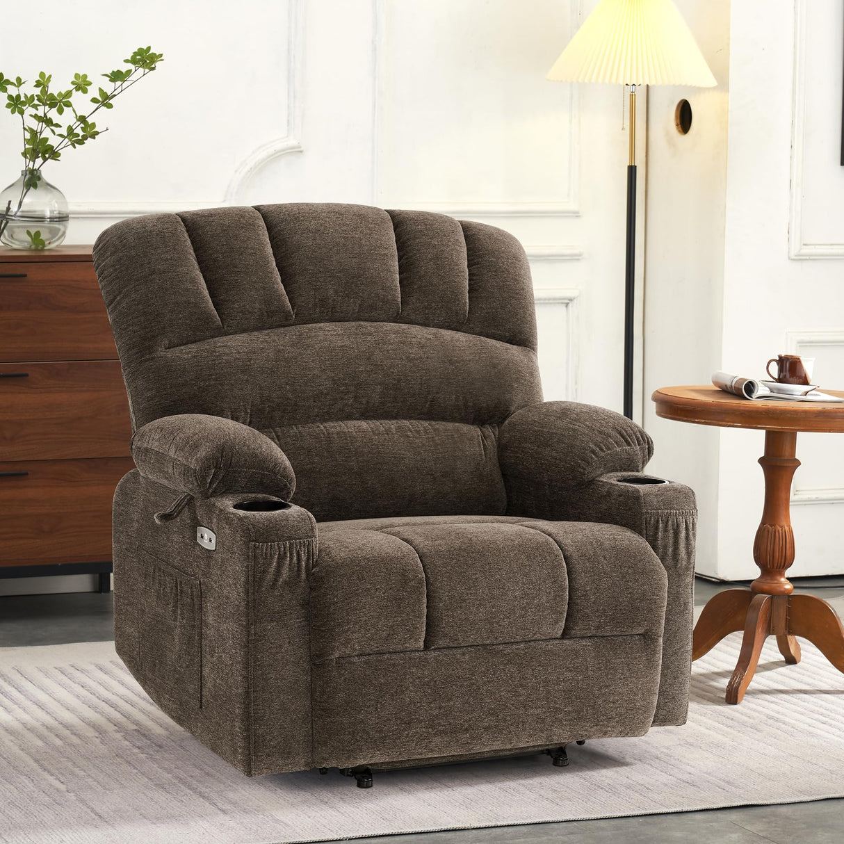 MCombo Power Lift Recliner Chair Sofa with Massage and Heat for Big Elderly People, USB Ports, Side Pockets, Fabric R7096 (Medium-Wide, Coffee) MCombo