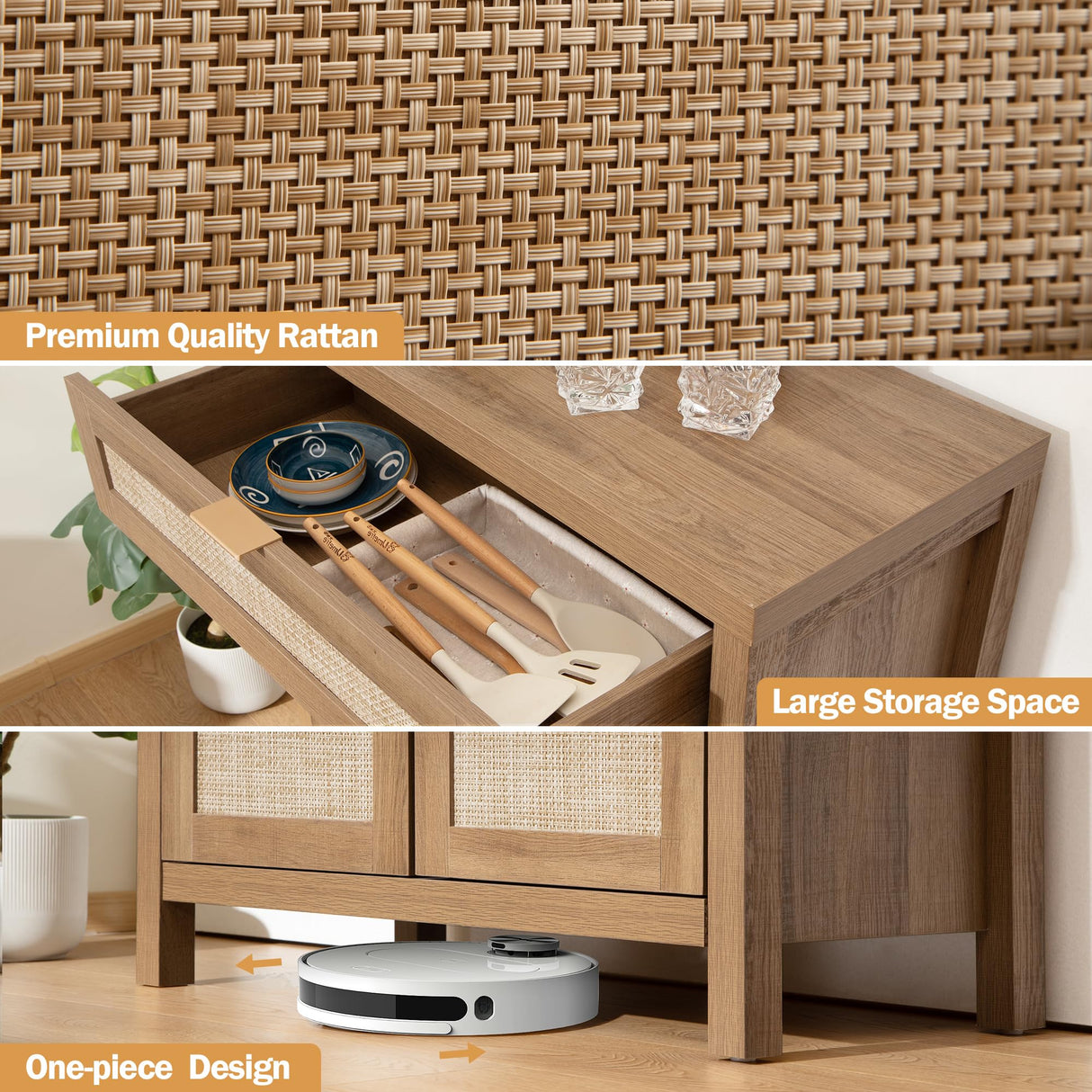 SICOTAS Buffet Cabinet Sideboard with Storage, Rattan Accent Cabinet with Doors Drawer, Boho Credenzas Farmhouse Buffet Table Console Coffee Bar Cabinet for Entryway Living Room, Natural Oak SICOTAS