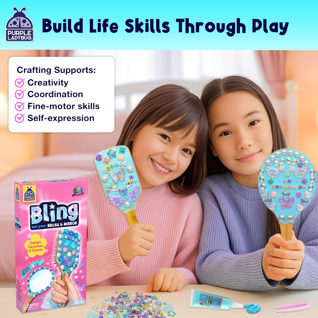 PURPLE LADYBUG Decorate Your Own Wooden Mirror & Brush Set - DIY Craft Kit for Girls Ages 4-8 8-12 with Glitter Glue, Beads, Gems, Butterflies, Ribbons - Birthday Gift for Girls 4 5 6 7 8 9 10 11 12 PURPLE LADYBUG