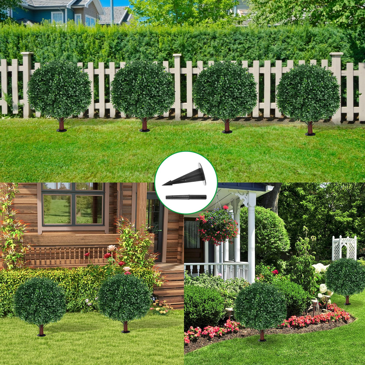 Grooy Artificial Boxwood Topiary Ball Tree with Ground Spike, Set of 2 Artificial Shrub Bushes, Fake Evergreen Tree for Porch, Artificial Plants for Outdoor Planters Indoor UV Resistant Grooy