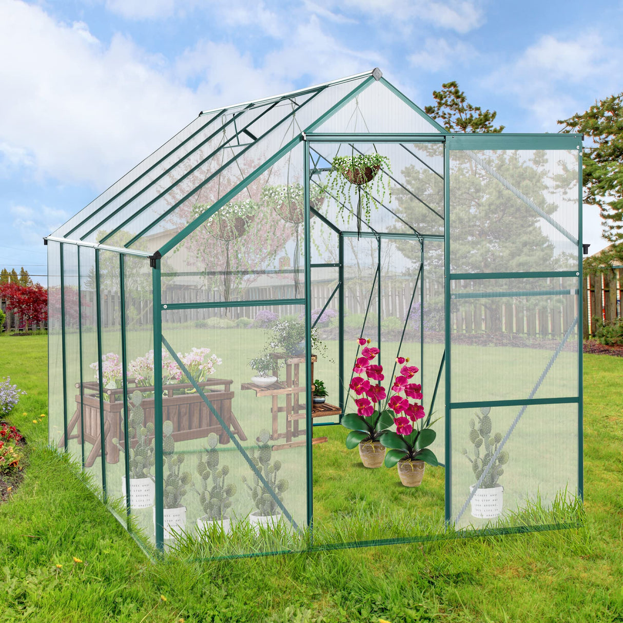 6X10 FT Polycarbonate Greenhouse with Quick Setup Structure, Walk-in Hobby Greenhouse Storage Shed with Sliding Doors and Roof Vent, Sunroom Aluminum Hot House for Outdoor Garden Backyard, Green Yayzy