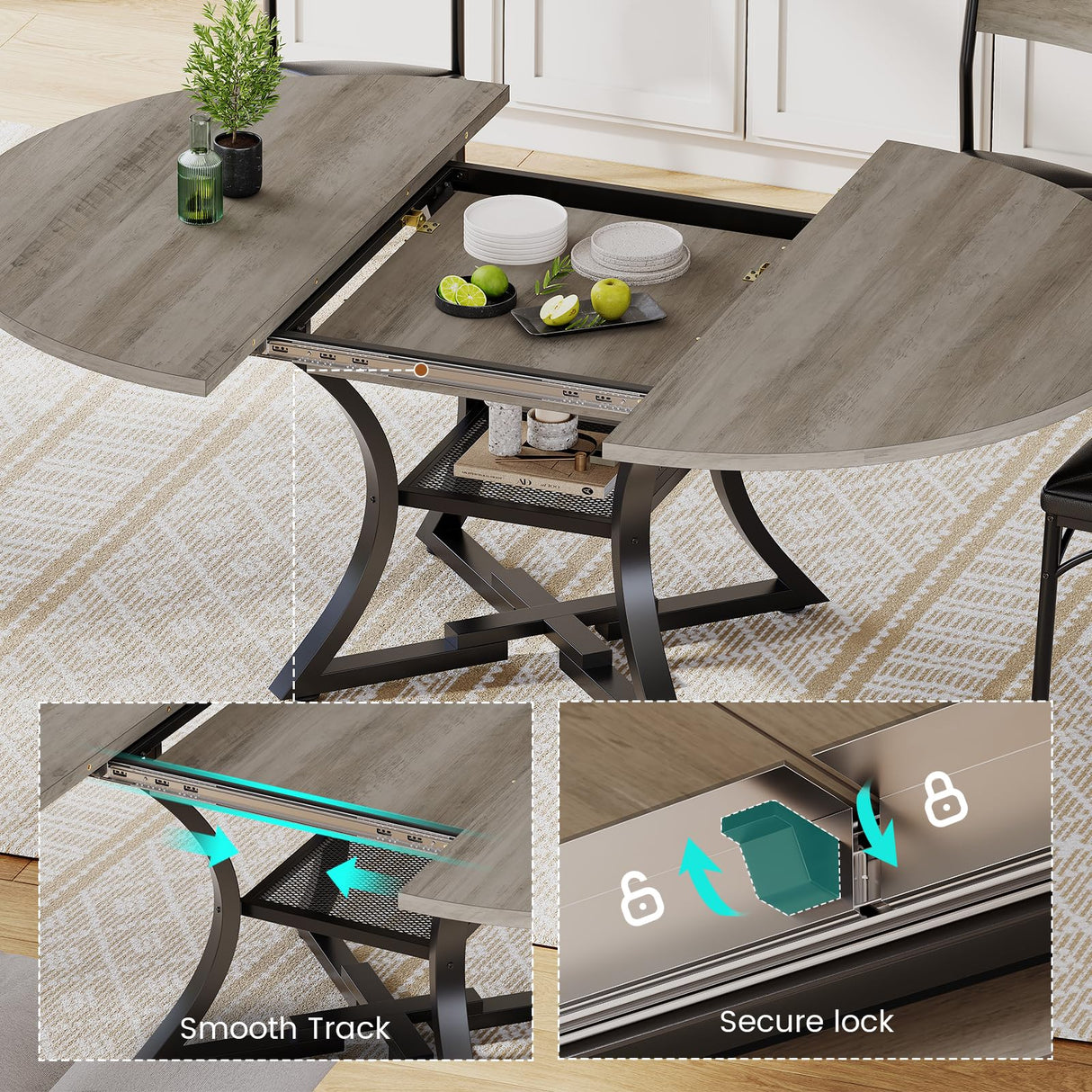 Itaar Round Extendable Dining Table Set for 4-6 People, 5-Piece Kitchen Table Set with 4 Cushion Chairs, Dining Room Table for 6 with MDF Board & Metal Frame for Small Space, Easy Clean, Rustic Grey Itaar