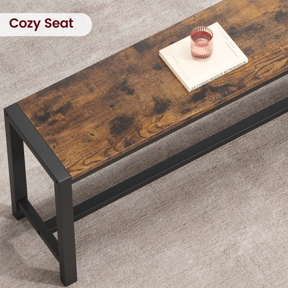 IDEALHOUSE Dining Table Set for 4, Kitchen Table with Benches, Rectangular Dining Room Table Set with 2 Metal Wood Benches, 3 Piece Dining Table Set for Small Space, Apartment, Dinette, Retro Brown IDEALHOUSE