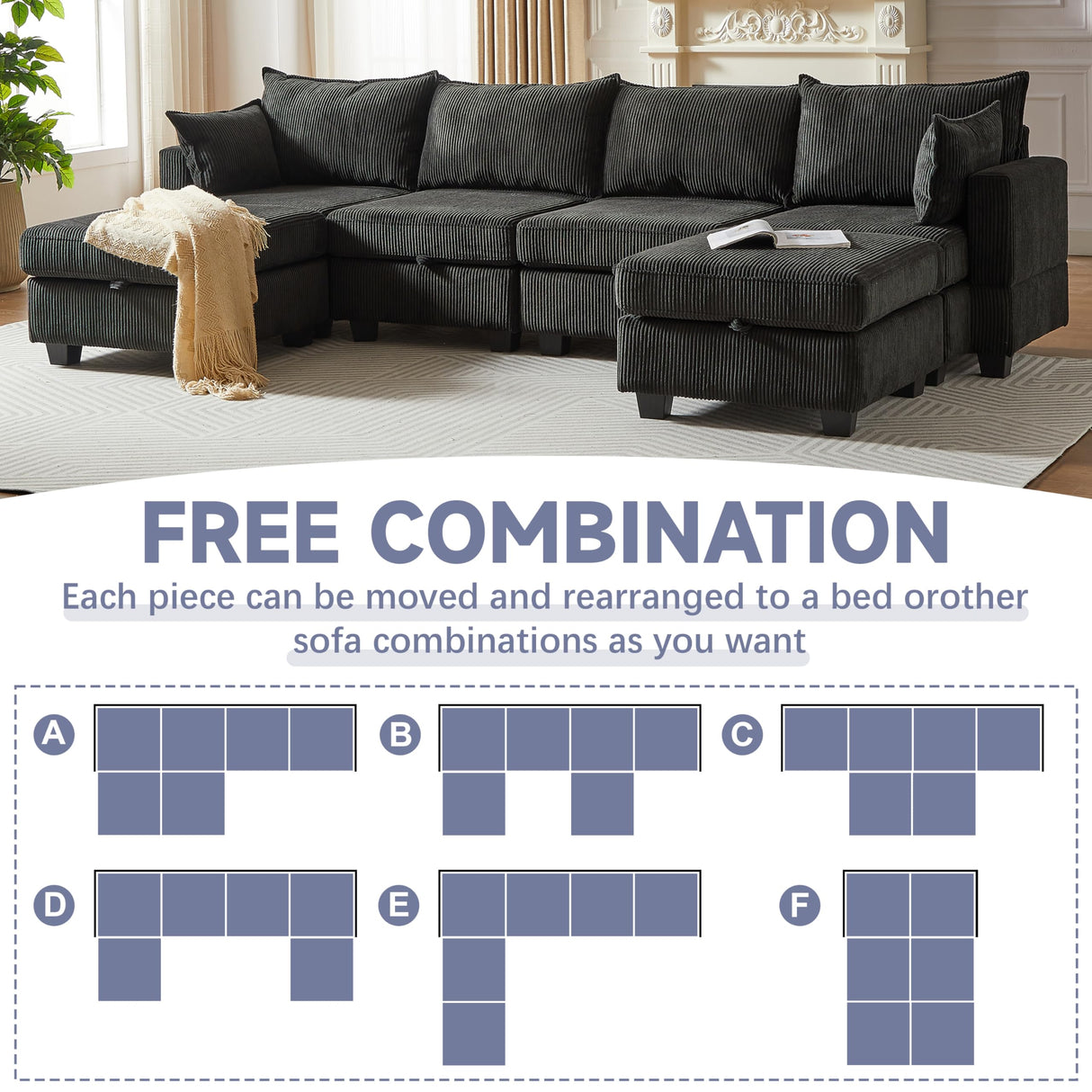 6 Seater Oversized Free Combination Convertible Modular Sectional Sofa, U / L Shaped Extra Large Corduroy Reversible Sleeper Corner Couch with Storage and Movable Ottomans for Living Room Apartment Eafurn