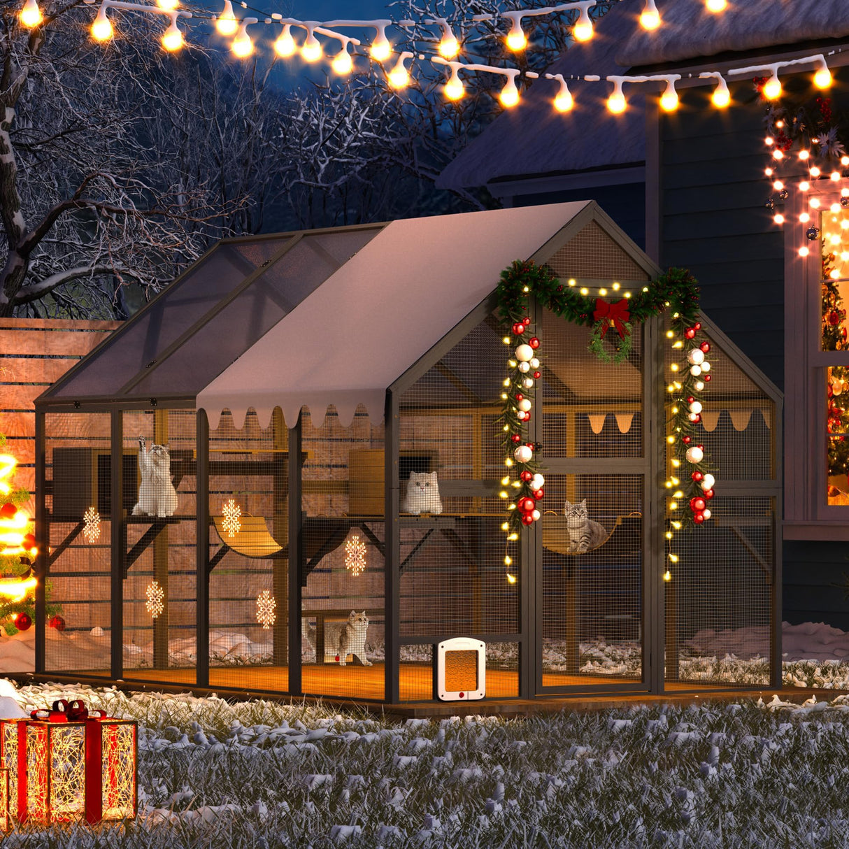 Large Catio Outdoor Cat Enclosure, 53.5ft² Extra Large Outdoor Catio for Multiple Cats, Big Wooden Walk-in Outside Cattery Cat Run with Weatherproof Full Cover, Window Access Avaliable, Grey COZIWOW