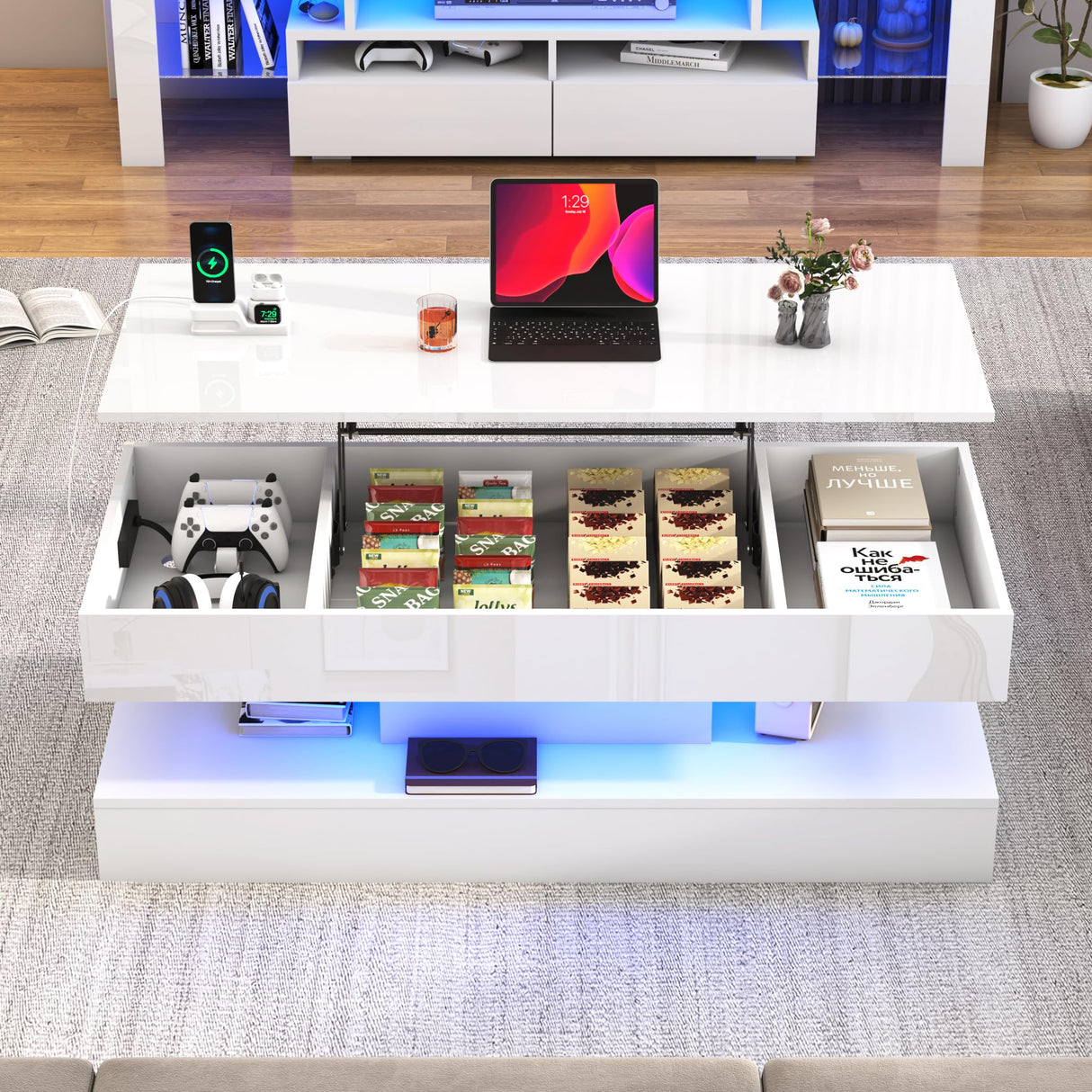 47.2" Large Lift Top Coffee Table,Modern High Glossy LED Coffee Tables for Living Room with Storage,Black Living Room Tables for Living Room,Dining Room,Bedroom Home Office,APP LED Lights(White) chartustriable