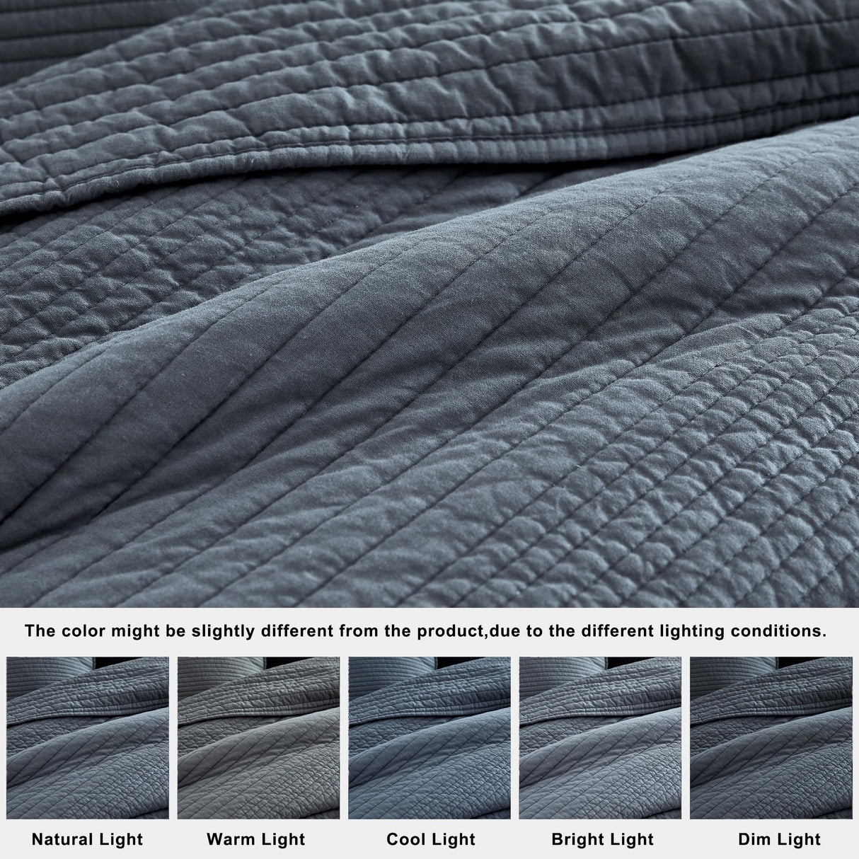 palassio Striped Blue Grey 100% Cotton Quilt King Size Bedding Sets, Lightweight Crinkly Channel Pick Stitch Textured Bedspread Soft Shabby Chic Farmhouse Country Coverlet for All Season, 2 Shams palassio