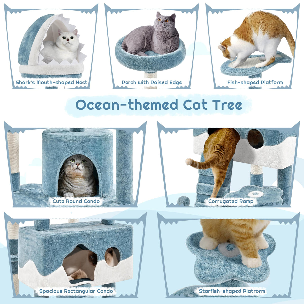 Yaheetech Cat Tree, 72.5inch Ocean-Themed Cat Tree Tower, Multi-Level Large Cat Tree for Indoor Cats with Shark's Mouth Bed & 2 Big Condos & 2 Wide Perches & Funny Toys, Blue & White Yaheetech