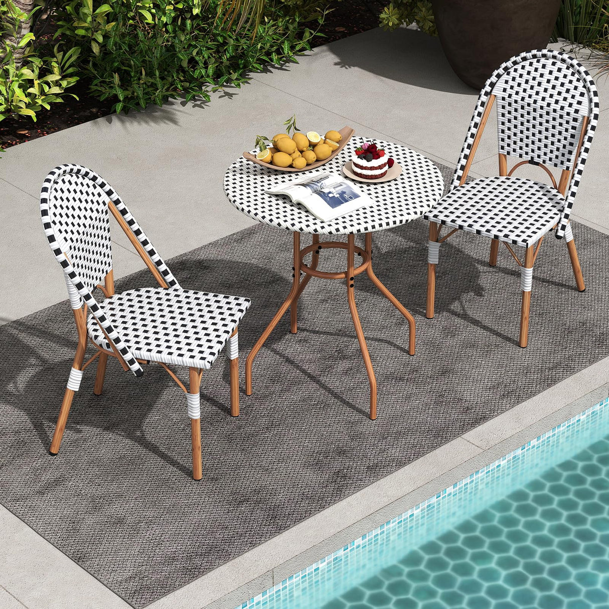 Tangkula 3 Piece French Bistro Table Chair Set, Outdoor Wicker Round Table & 2 Dining Chairs with Metal Support, Outside Accent Dining Furniture Set for Garden, Balcony, Porch Tangkula