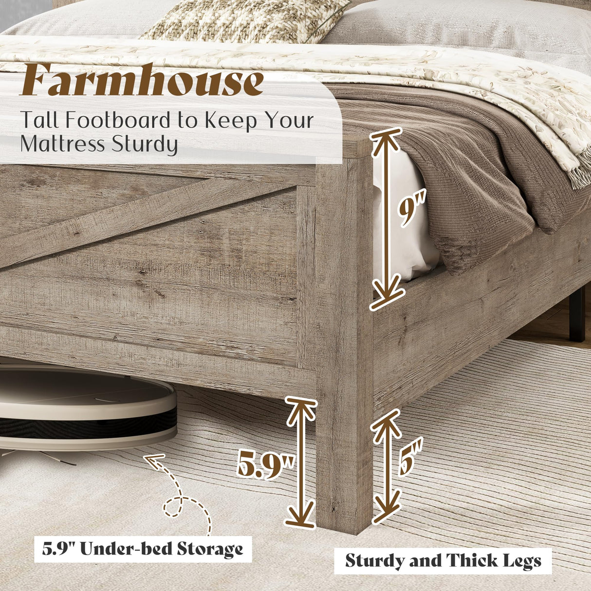 AMERLIFE Farmhouse Full Bed Frame with Storage Headboard & Charging Station, Rustic Wood Platform Bed with Barn Door Bookcase, No Box Spring Needed, Light Grey Bedroom Furniture AMERLIFE