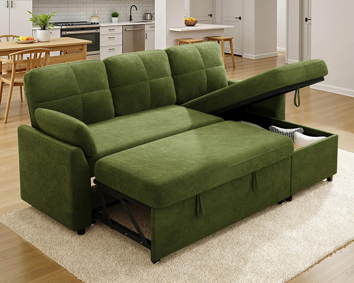 Jocisland Sofa Bed, Sleeper Sofa with Storage Chaise, Convertible Sofa Bed with Pull Out Couch, l Shaped Couch for Living Room, Linen Green Jocisland