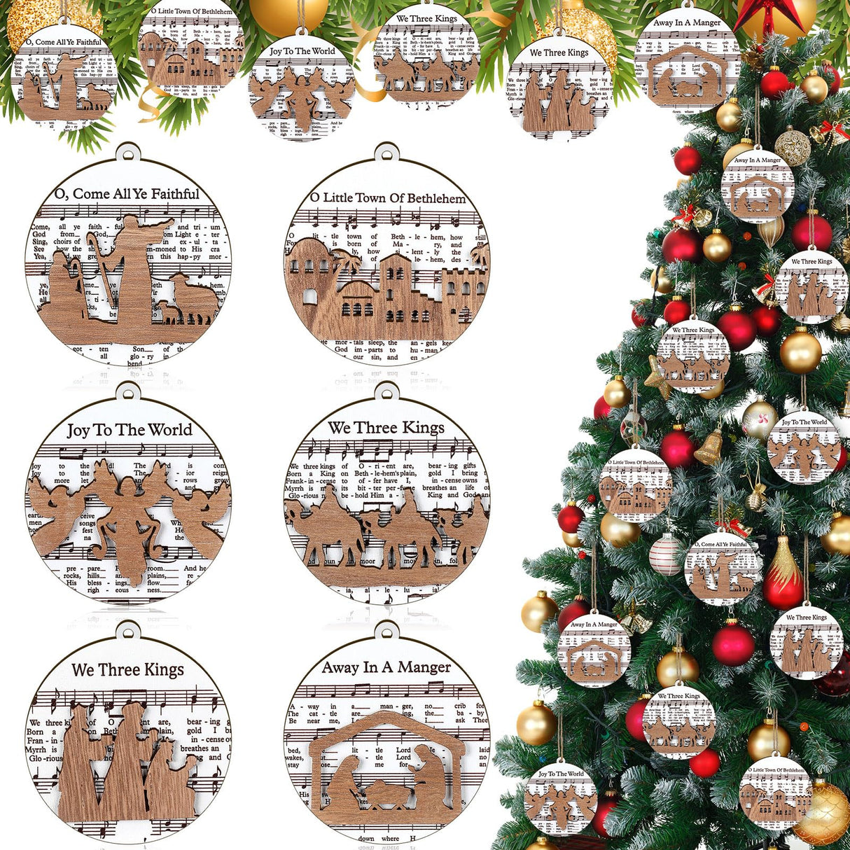 Shellwei 24 Pcs Christmas Nativity Story Wooden Ornaments Set Bulk Christian Music Sheet Nativity Ornament Nativity Scene Hanging Ornaments Xmas Tree Ornaments Religious Gift for Family(Delicate) Shellwei