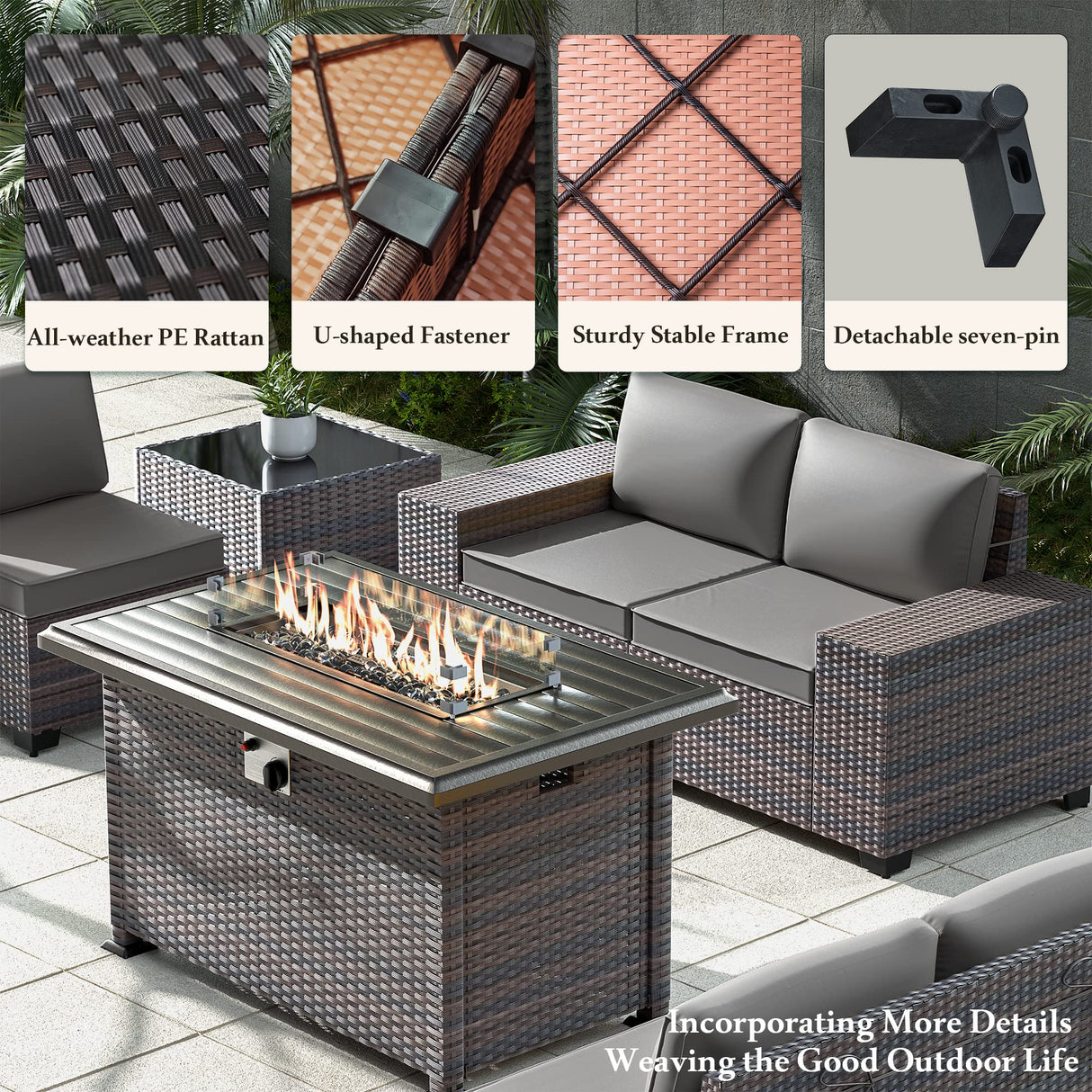 RTDTD Outdoor Patio Furniture Set with Propane Fire Pit Table, 13 Pieces Outdoor Furniture Patio Sectional Sofa Conversation Sets w/ETL Approved 43" Gas Outdoor Fire Table & Coffee Table (Grey) RTDTD