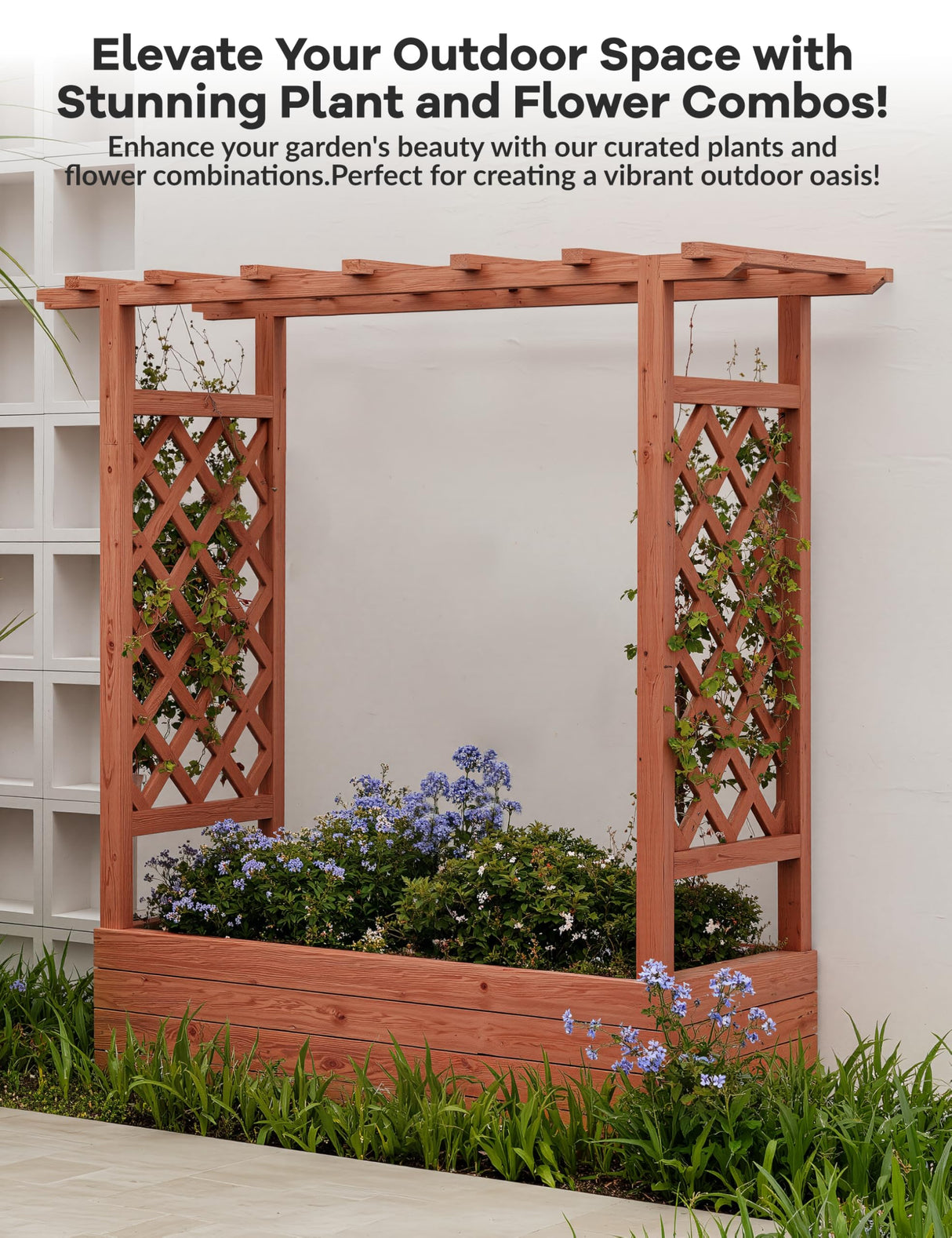 GarveeLife Raised Garden Bed with Trellis, 45 Inch Wood Planter Box with Side Trellis, Hanging Roof, and 4 Drainage Holes, Freestanding Elevated Garden Bed for Climbing Plants, Vines, Flowers GarveeLife