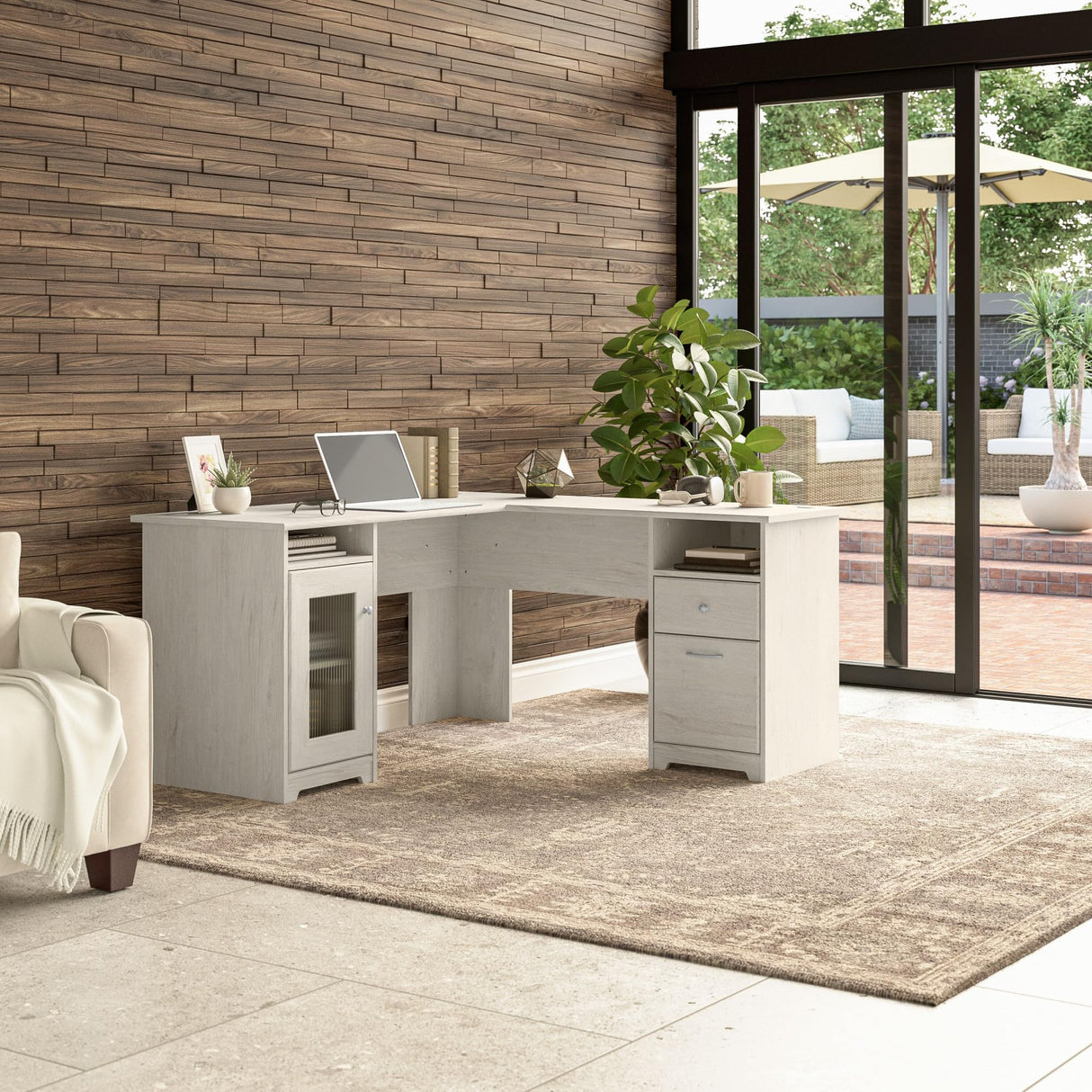 Bush Furniture Cabot 60W L Shaped Computer Desk with Storage in Linen White Oak Bush Business Furniture