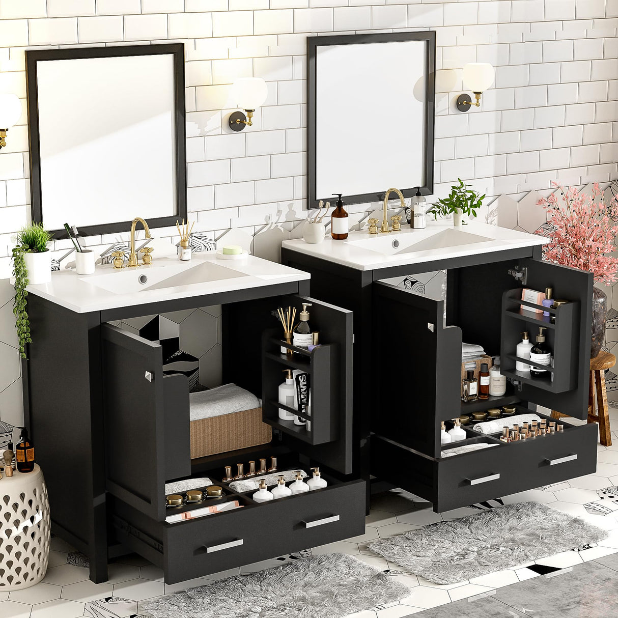 60" Black Bathroom Vanity with Double Sink, 60 Inch Bathroom Vanity Set with Double Vanities (Separate), 2 Bathroom Vanities with Sink, Storage Shelf, and Divided Drawers (Mirror not Included) Mirightone